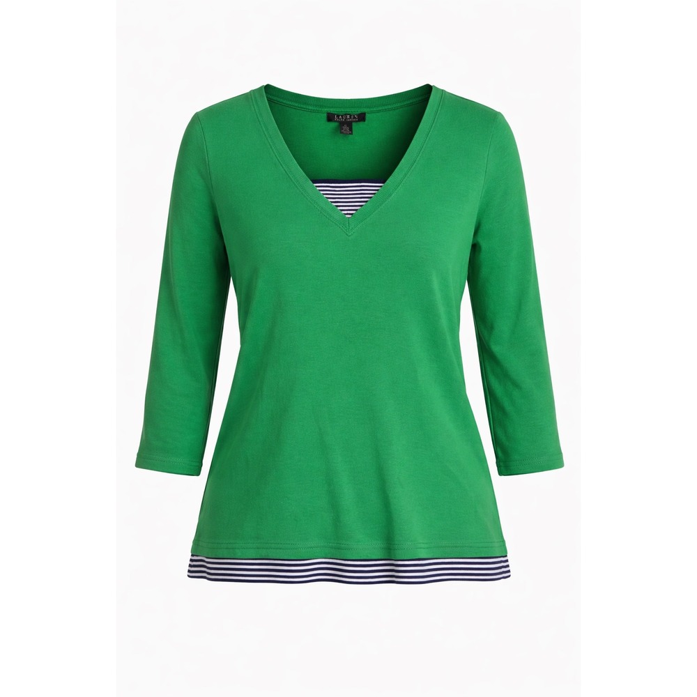 Lauren Ralph Lauren Green V Neck Layered Top XL Cotton
